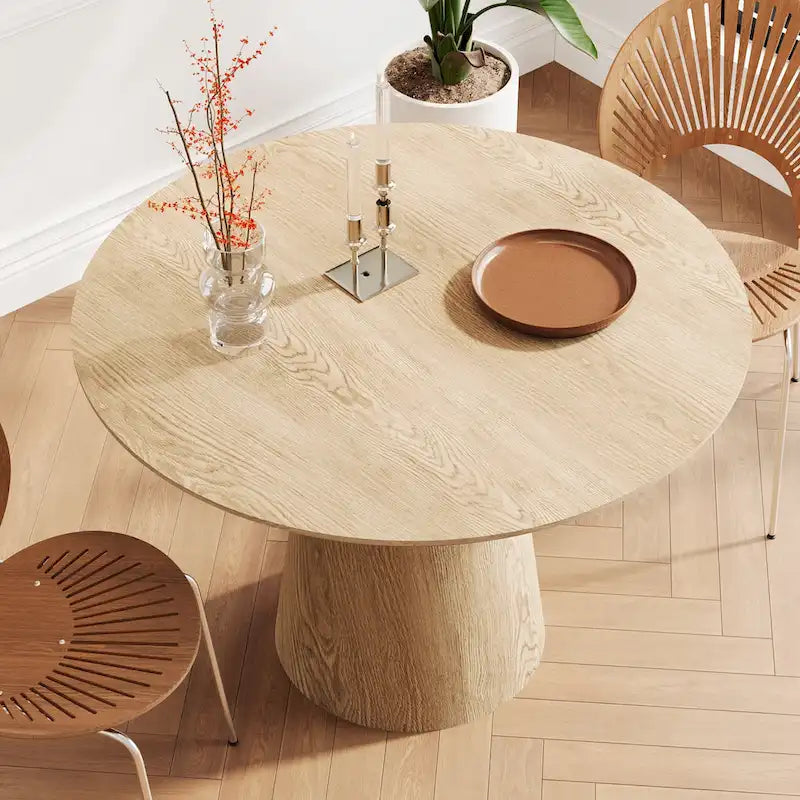 Table ronde de salle à manger pour 4 à 6 personnes, avec veinure naturelle du bois et piétement conique en bois, style rustique minimaliste