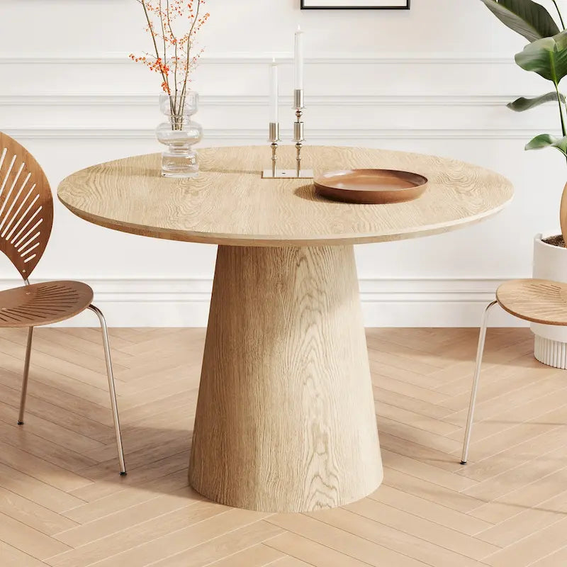 Table ronde de salle à manger pour 4 à 6 personnes, avec veinure naturelle du bois et piétement conique en bois, style rustique minimaliste