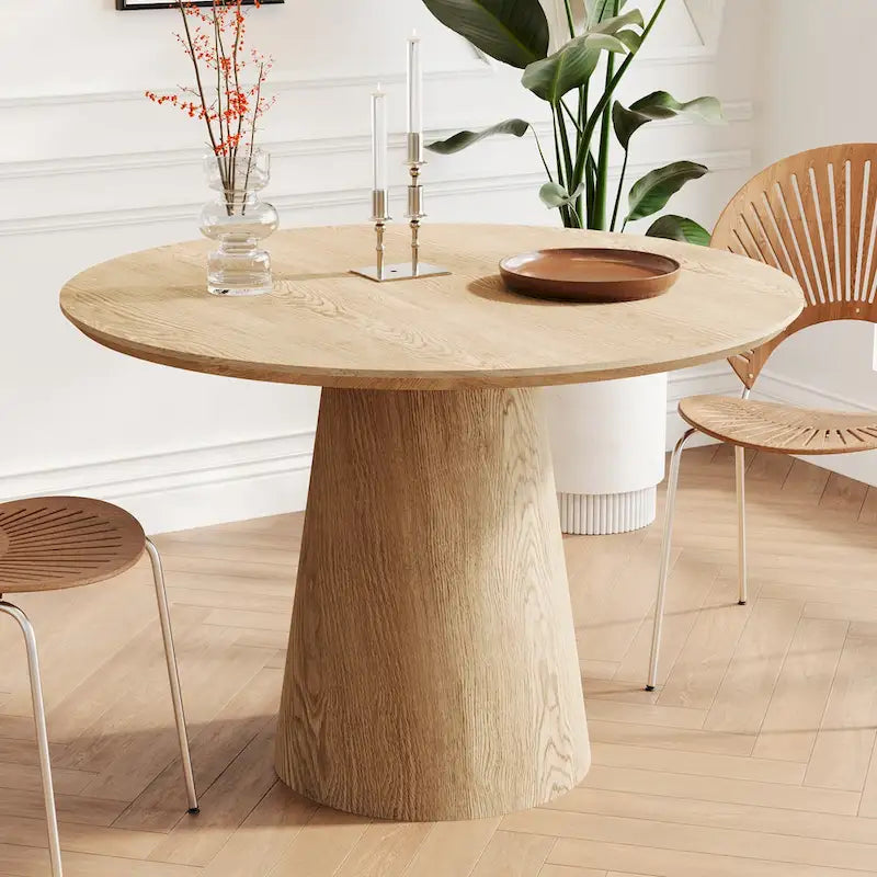 Table ronde de salle à manger pour 4 à 6 personnes, avec veinure naturelle du bois et piétement conique en bois, style rustique minimaliste