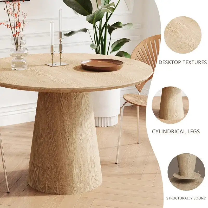 Table ronde de salle à manger pour 4 à 6 personnes, avec veinure naturelle du bois et piétement conique en bois, style rustique minimaliste