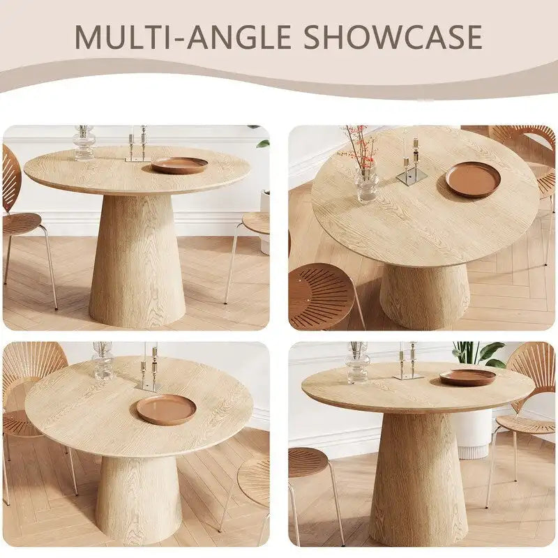 Table ronde de salle à manger pour 4 à 6 personnes, avec veinure naturelle du bois et piétement conique en bois, style rustique minimaliste