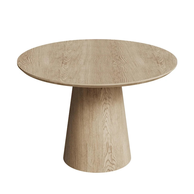 Table ronde de salle à manger pour 4 à 6 personnes, avec veinure naturelle du bois et piétement conique en bois, style rustique minimaliste