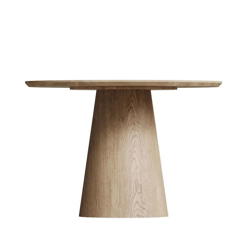 Table ronde de salle à manger pour 4 à 6 personnes, avec veinure naturelle du bois et piétement conique en bois, style rustique minimaliste
