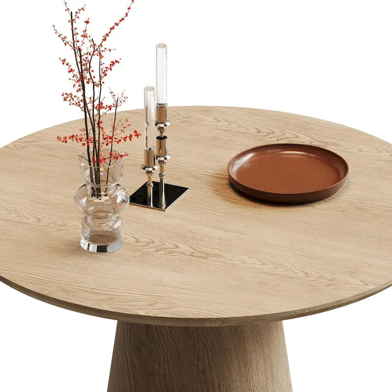 Table ronde de salle à manger pour 4 à 6 personnes, avec veinure naturelle du bois et piétement conique en bois, style rustique minimaliste