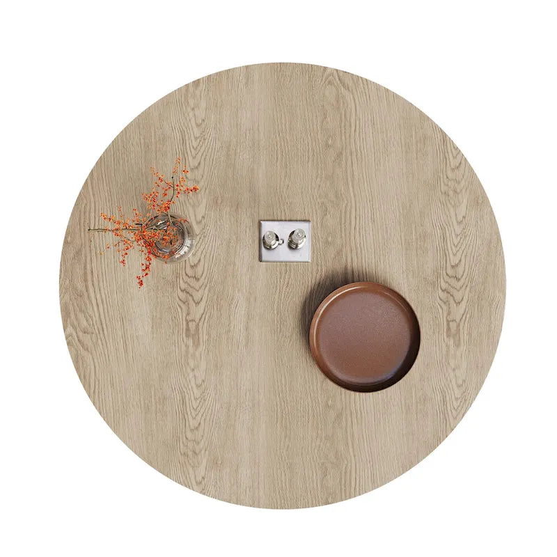Table ronde de salle à manger pour 4 à 6 personnes, avec veinure naturelle du bois et piétement conique en bois, style rustique minimaliste