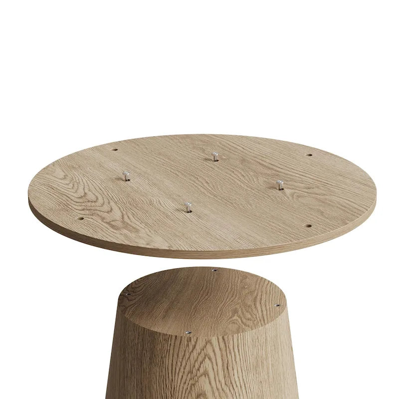 Table ronde de salle à manger pour 4 à 6 personnes, avec veinure naturelle du bois et piétement conique en bois, style rustique minimaliste
