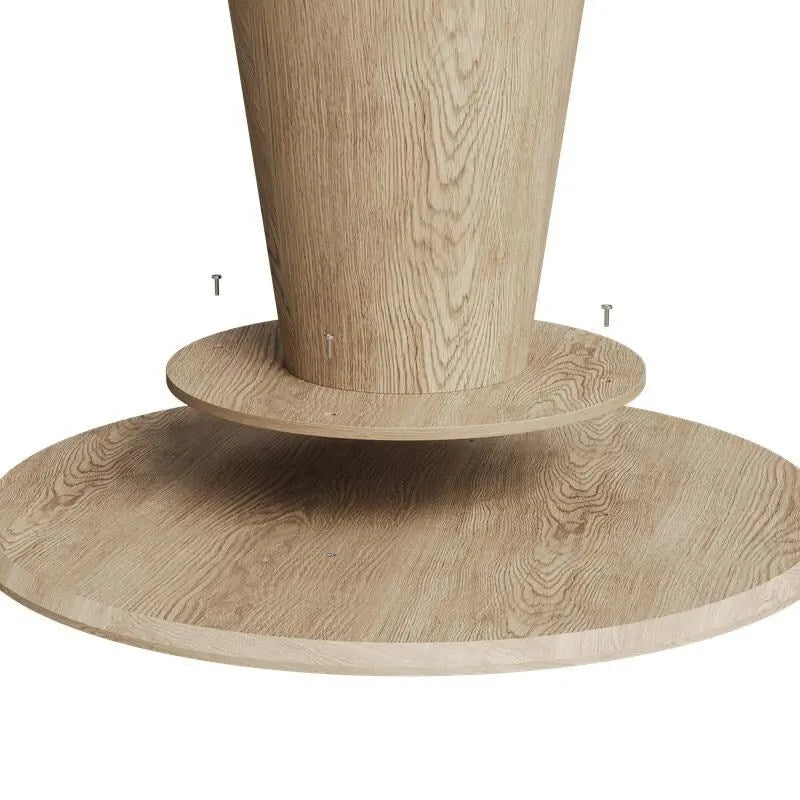 Table ronde de salle à manger pour 4 à 6 personnes, avec veinure naturelle du bois et piétement conique en bois, style rustique minimaliste