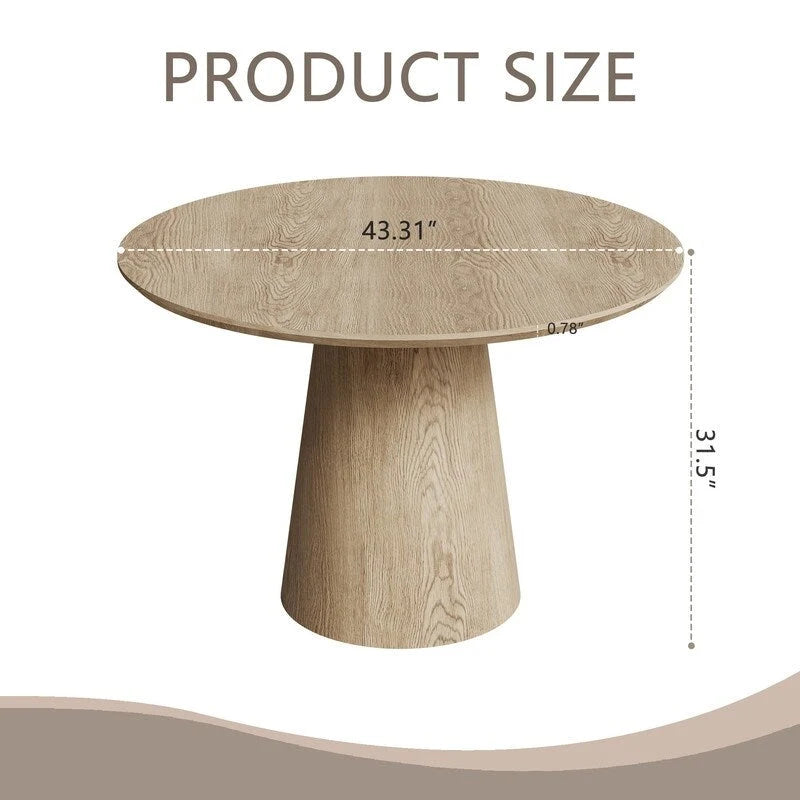Table ronde de salle à manger pour 4 à 6 personnes, avec veinure naturelle du bois et piétement conique en bois, style rustique minimaliste