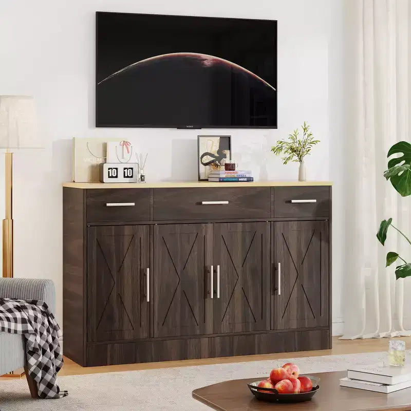 Celebalcony Buffet-Schrank mit Stauraum, 53,4 Zoll großer Küchenschrank mit 3 Schubladen und 4 Türen, verstellbarem Einlegeboden für Küche und Wohnzimmer