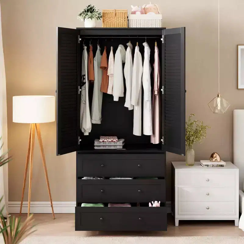 Armoire-penderie COZONY avec 3 tiroirs et 2 portes, meuble de rangement moderne en bois pour chambre, grande armoire blanche sur pied