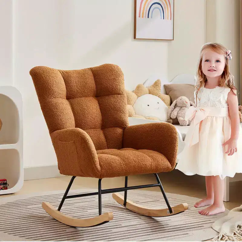 Nursery Rocking Chair, Living Room Glider Rocker for Breastfeeding, Comfy Accent Chairs for Bedroom, Plush Teddy Upholstered Armchairs Indoor