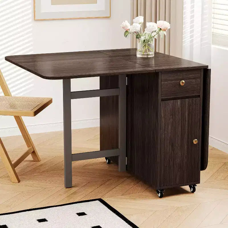 ATJafurn 59'' Foldable Dining Table with Drop Leaves for Small Space, Rectangular Wooden Extendable kitchen Table with Wheels and Storage
