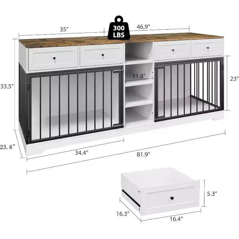 82 Double Dog Crate Furniture, Large Dog Kennel Indoor for 2 Dogs, Heavy Duty Wooden Dog Crate TV Stand with 4 Drawers and Shelves