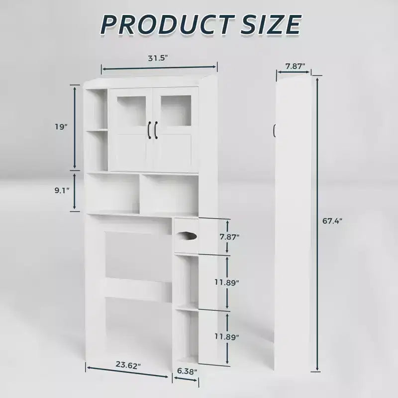 WC fölé szerelhető tárolószekrény – 171,2 cm magas, vidéki stílusú fürdőszobai rendszerező és tároló állítható polccal és üvegajtóval fürdőszobába, mosókonyhába