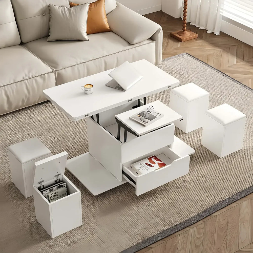 Klappbarer Couchtisch mit Hubfunktion, 4 Hockern und Stauraum