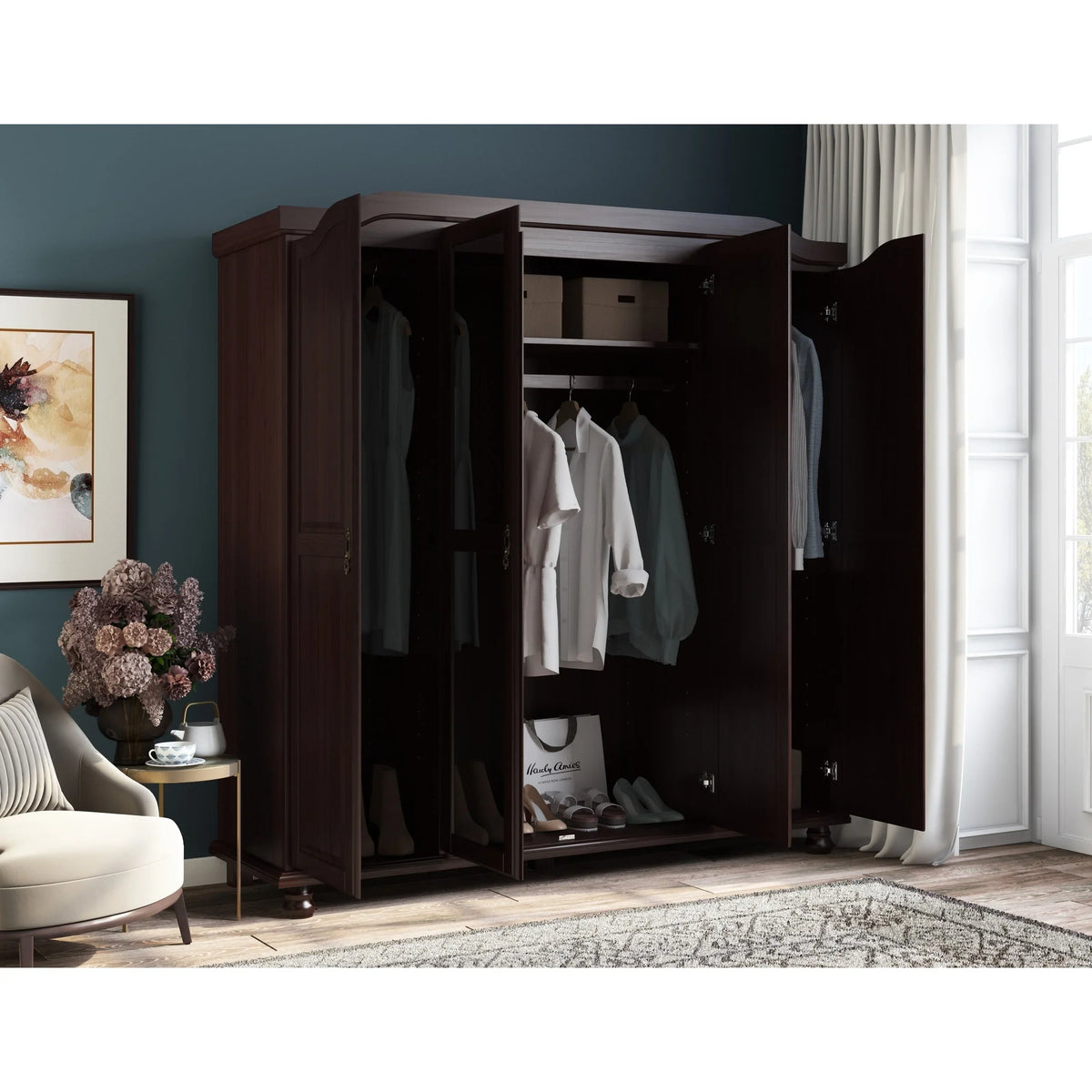 Palace Imports Kyle 4-türiger Kleiderschrank aus 100 % Massivholz mit Türen aus Massivholz oder Spiegelglas