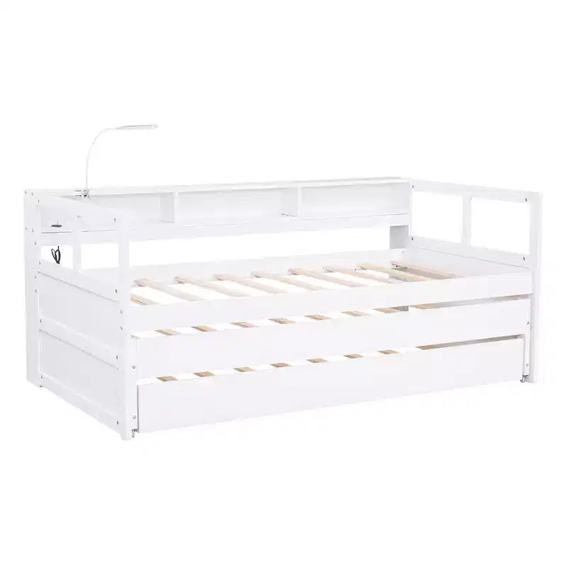 Whisen Twin XL Wood Daybed with 2 Trundles, 3 Storage Cubbies, 1 Light for Free and USB Charging Design
