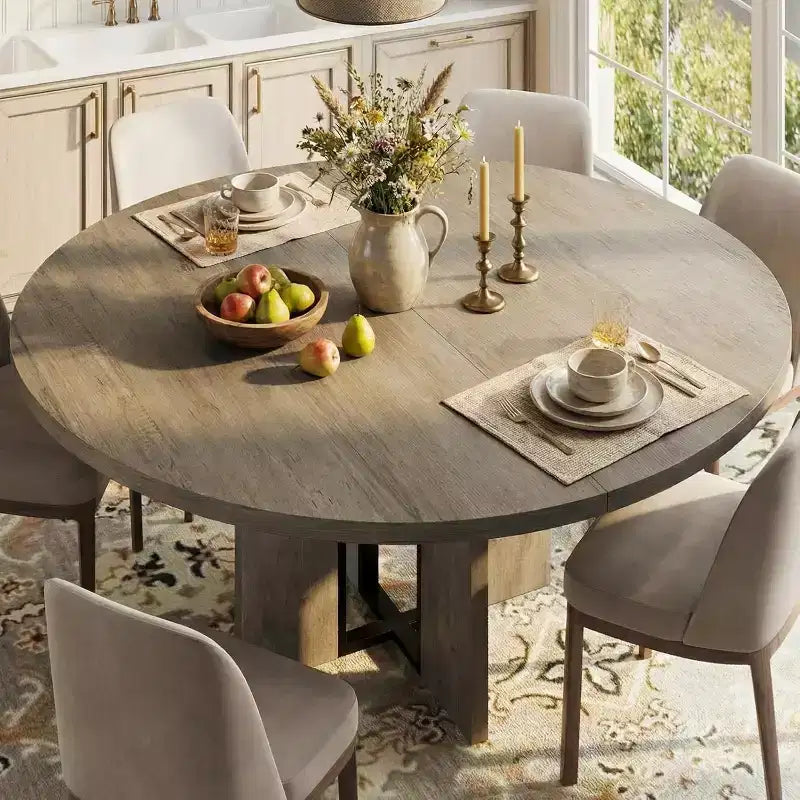 47-63 Extendable Round Dining Table for 4-8, Farmhouse Wood Expandable Kitchen Table with Metal Frame, Oval Space Saving for Apartment, Retro Gray