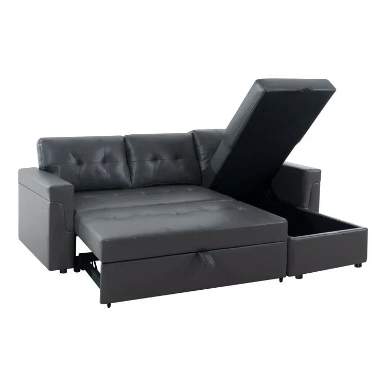 Divano componibile reversibile trasformabile con letto estraibile, chaise longue con contenitore nascosto e gambe resistenti