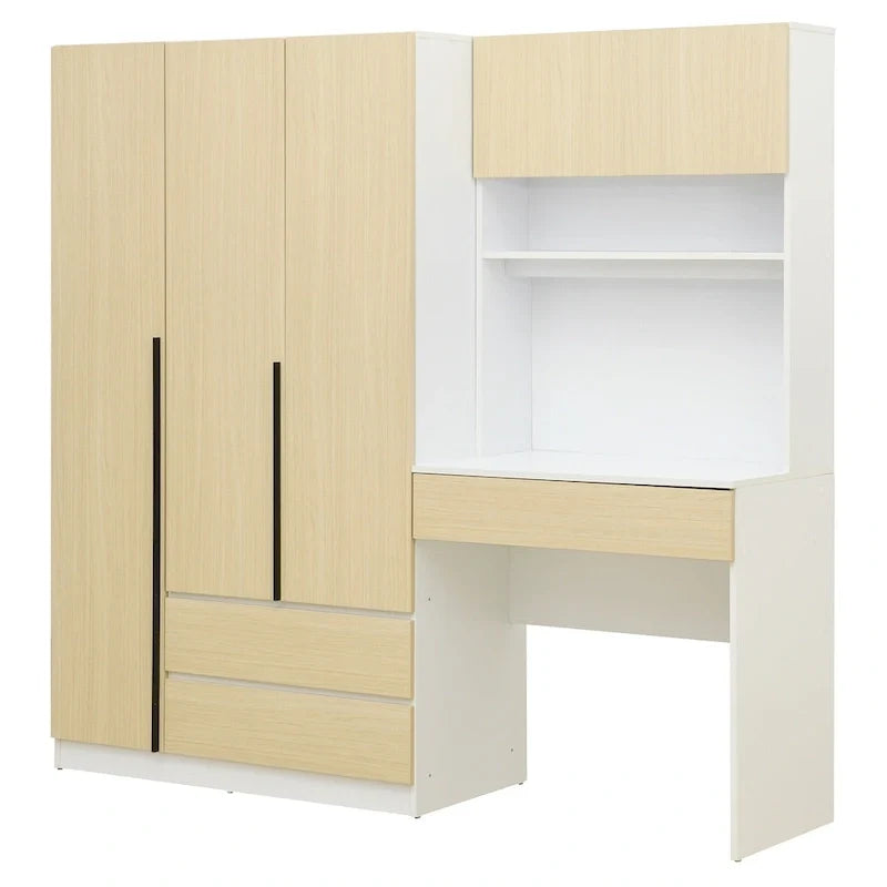 3-in-1 Wardrobe Closet with Vanity Desk, Desk Set, Bedroom Armoire with 2 Drawers 3-Door Storage Desk Wardrobe