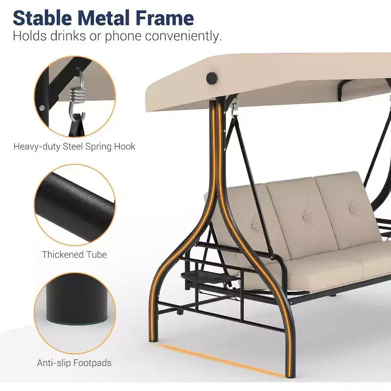 2-in-1 Convertible 3-Seat Outdoor Swing Chair with Adjustable Canopy,Patio Swing Bed with Stand,Thick Cushions&Cup Holders,for Backyard,Garden,Porch