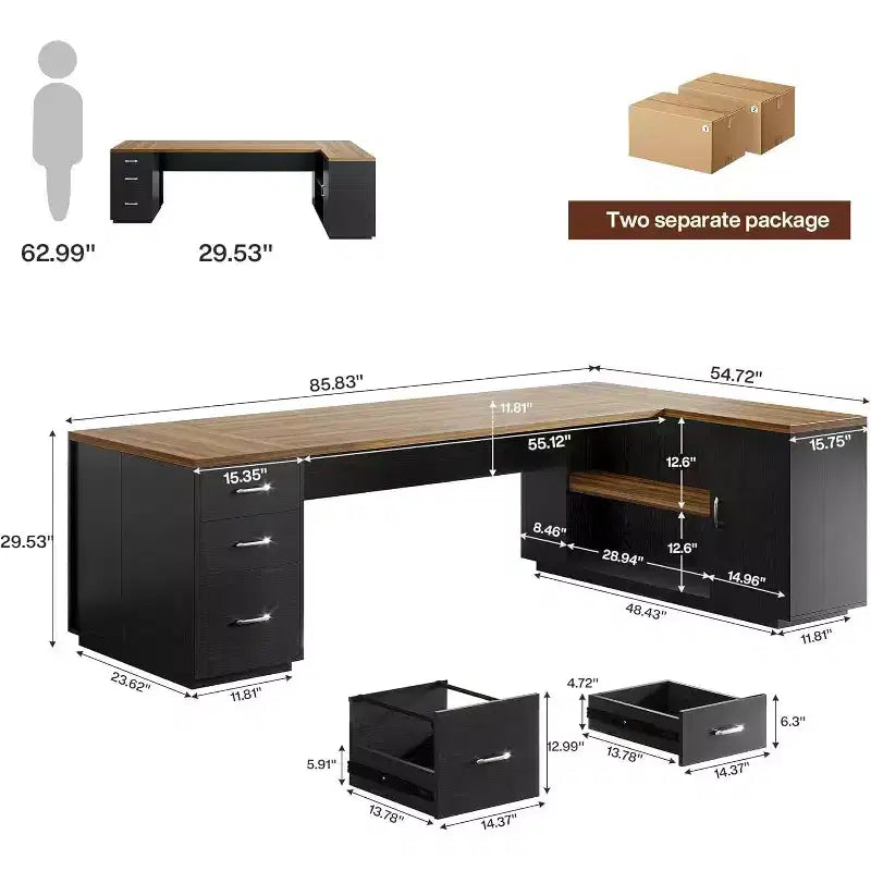 Lantine 85.8 L-Shaped Executive Desk, Extra Large Office Computer Desk with File Drawers for Home Office