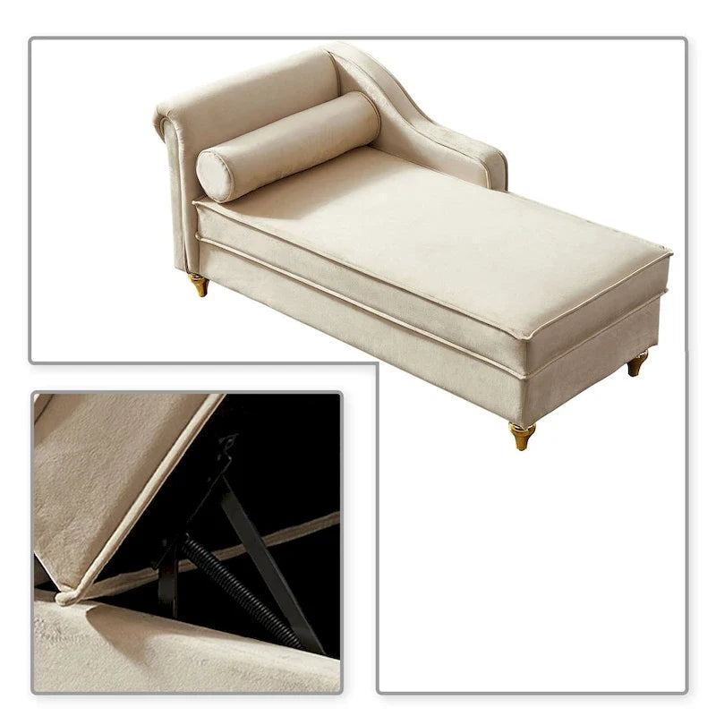 French Elegant Velvet Upholstered Storage Chaise Lounge Chair with a Pillow