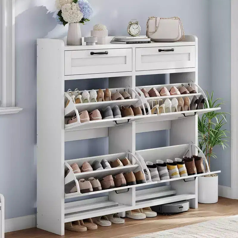 Schuhschrank mit 4 Klappschubladen und 2 oberen Schubladen, hölzerner Schuhorganizer-Schrank mit verstellbarem Regal, freistehende Schuhaufbewahrungsschränke