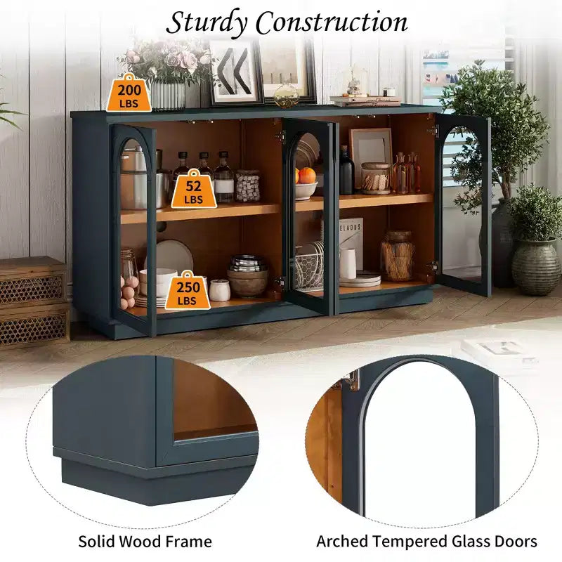 Grande buffet contenitore a 4 ante con ante in vetro, mobile ad arco con ripiani regolabili per la cucina