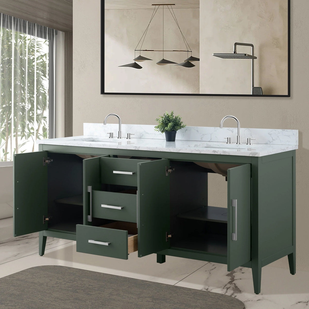 Vanity Art 72 badkamermeubel met dubbele wastafel en blad van composietmarmer