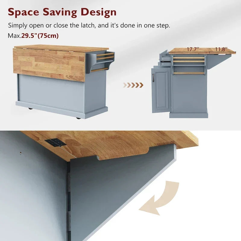 54  Large Kitchen Island with Rubber Wood Drop Leaf, Embossed Texture Rolling Kitchen Cart on 4 Wheels with 4 Doors & 3 Drawers