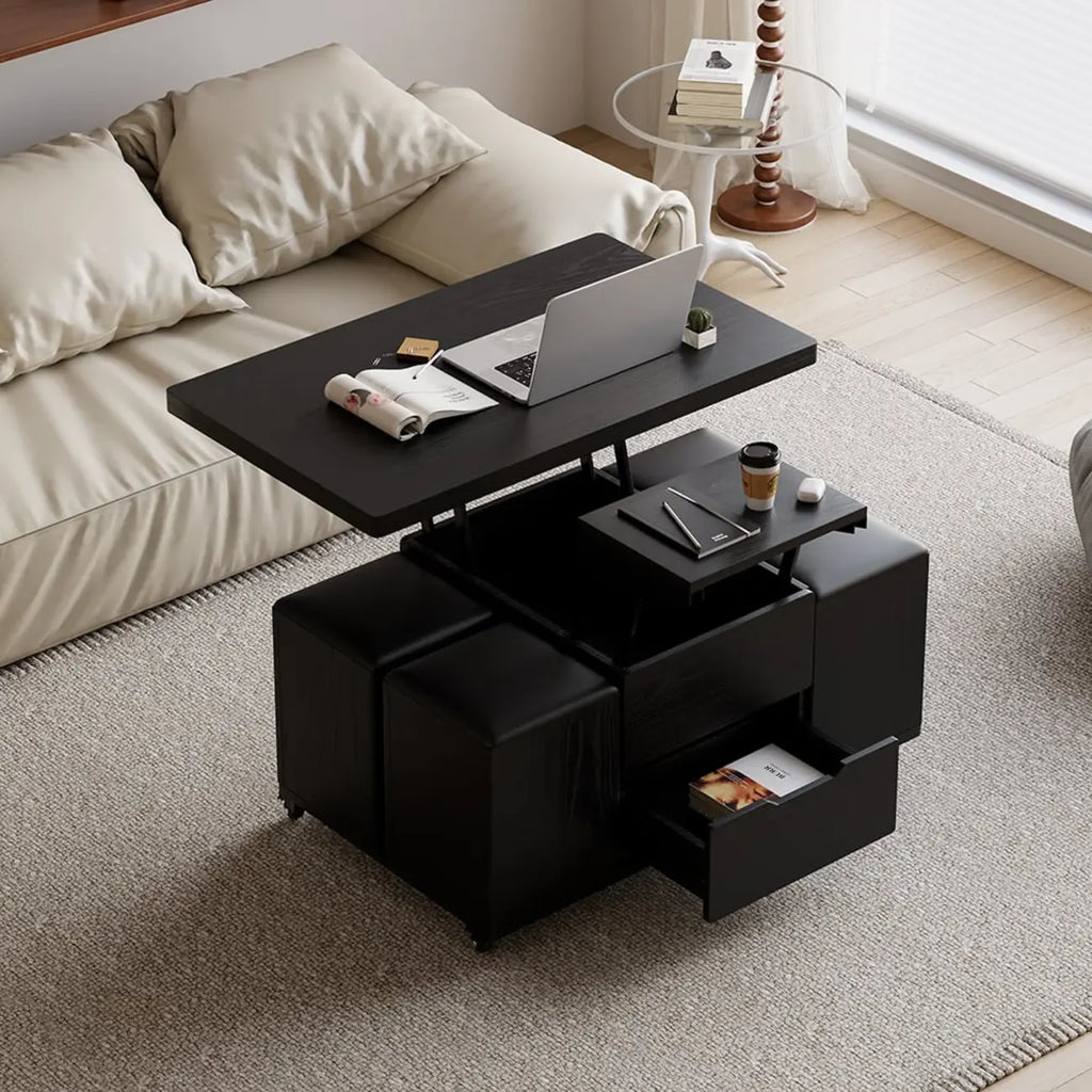 Klappbarer Couchtisch mit Hubfunktion, 4 Hockern und Stauraum
