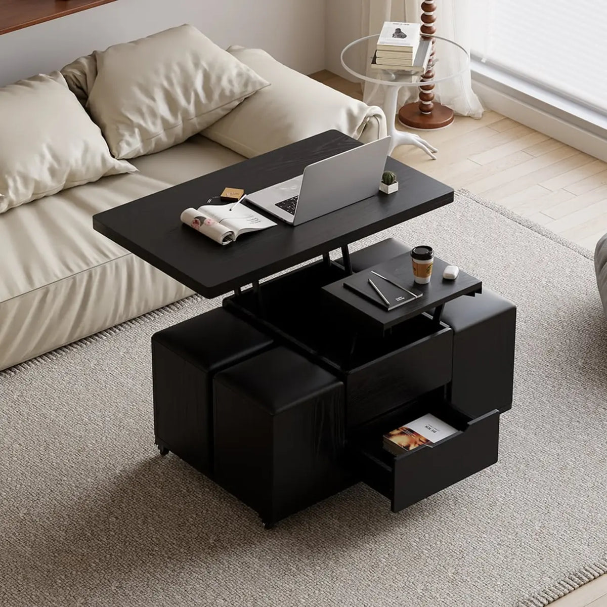 Klappbarer Couchtisch mit Hubfunktion, 4 Hockern und Stauraum