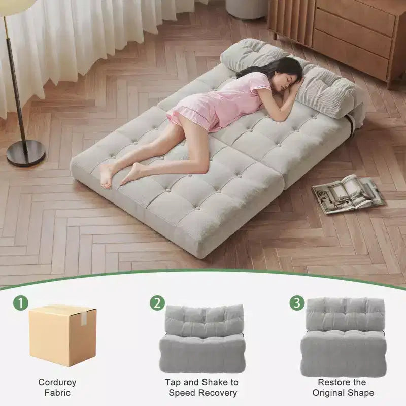 Canapé-lit futon pliant en velours côtelé, fauteuil convertible au sol avec coussin et soutien dorsal, format double