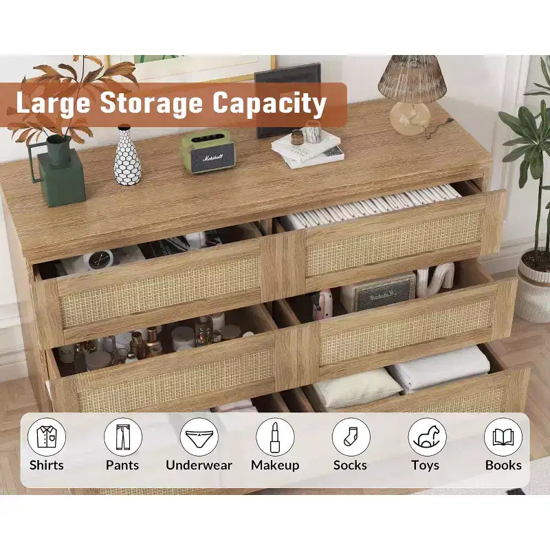 Rattan-Kommode fürs Schlafzimmer mit 6 Schubladen, 119 cm breite moderne Kommode im Landhausstil, Holzschrank mit Stauraum-Organizer für Kleiderschrank, Wohnzimmer und Flur