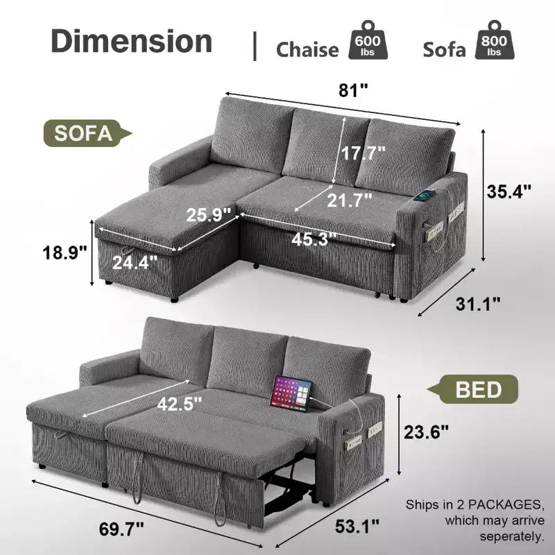 Dyonery 2-in-1-Schlafsofa zum Ausziehen mit Stauraum und Récamiere, Cord-Ecksofa mit USB-Anschlüssen für das Wohnzimmer