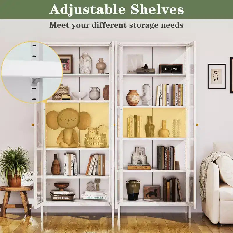 Bekrvio 67 inch hoge vitrinekast met glas aan 3 zijden en ledverlichting, 5 opberglagen met dubbele deuren en metalen frame voor verzamelobjecten, ideaal voor kleine ruimtes