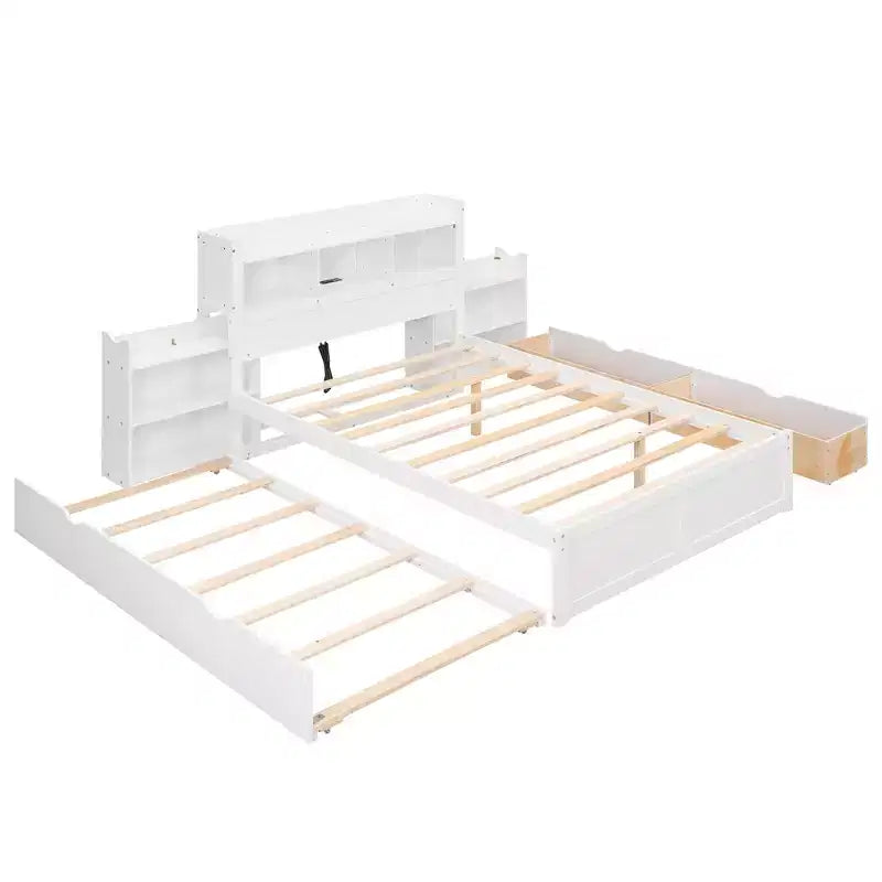 Eenpersoons platformbed met opbergruimte, uitschuifbed, boekenkasthoofdbord en oplaadstation, houten bedframe met planken en laden