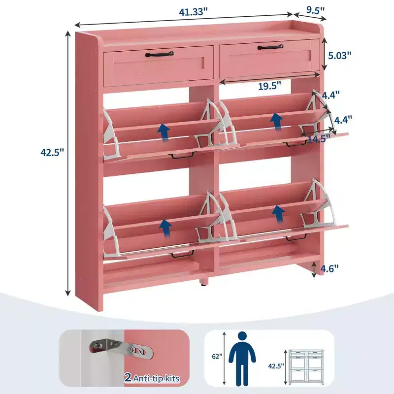 Shoe Cabinet with 4 Flip Drawers & 2 Top Drawers, Wooden Shoe Organizer Cabinet with Adjustable Shelf, Freestanding Shoe Storage Cabinets