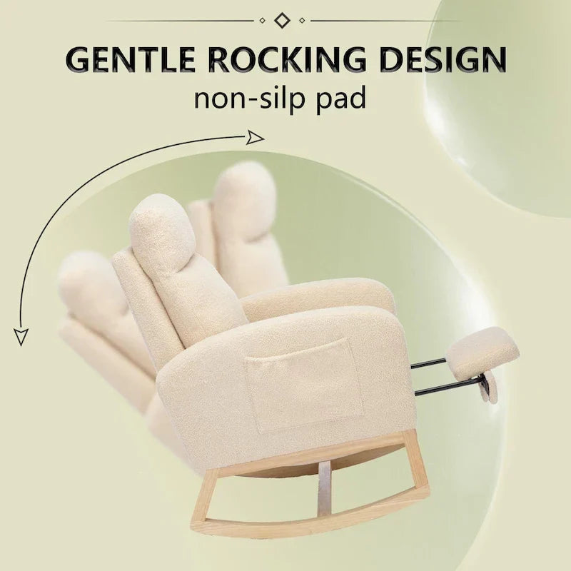 Moderne gestoffeerde schommelstoel met hoge rugleuning van 75 cm, poten van massief hout en verstelbare voetensteun