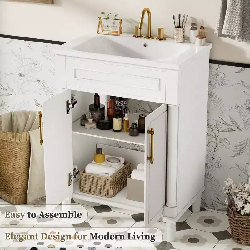 Mobile da bagno da 24 pollici con lavabo in ceramica, mobile in stile Shaker, 2 ante a chiusura ammortizzata, struttura in legno massello per bagno piccolo o bagno di servizio