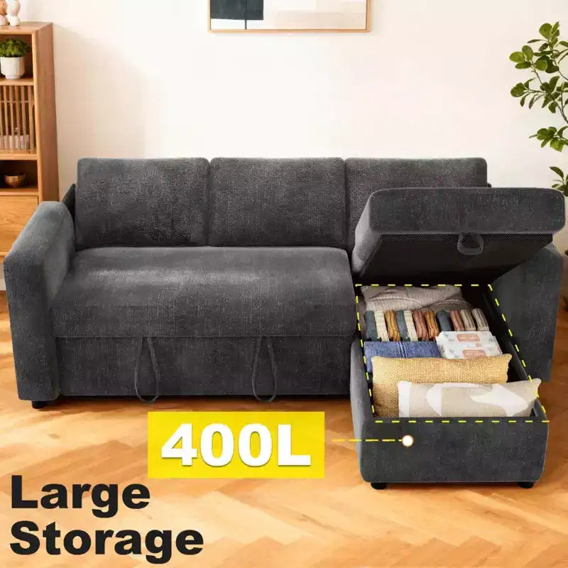 2-in-1-Ausziehsofa mit Stauraum und Ottomane, Chenille-Ecksofa mit USB-Anschlüssen für das Wohnzimmer