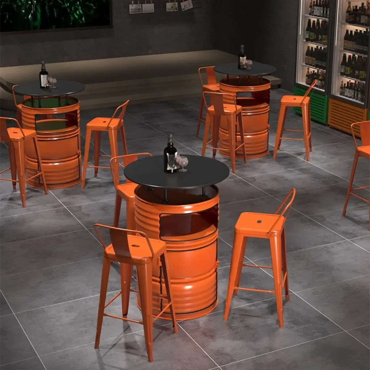 Tables de bar industrielles en métal noir et orange en forme de fût pour rangement