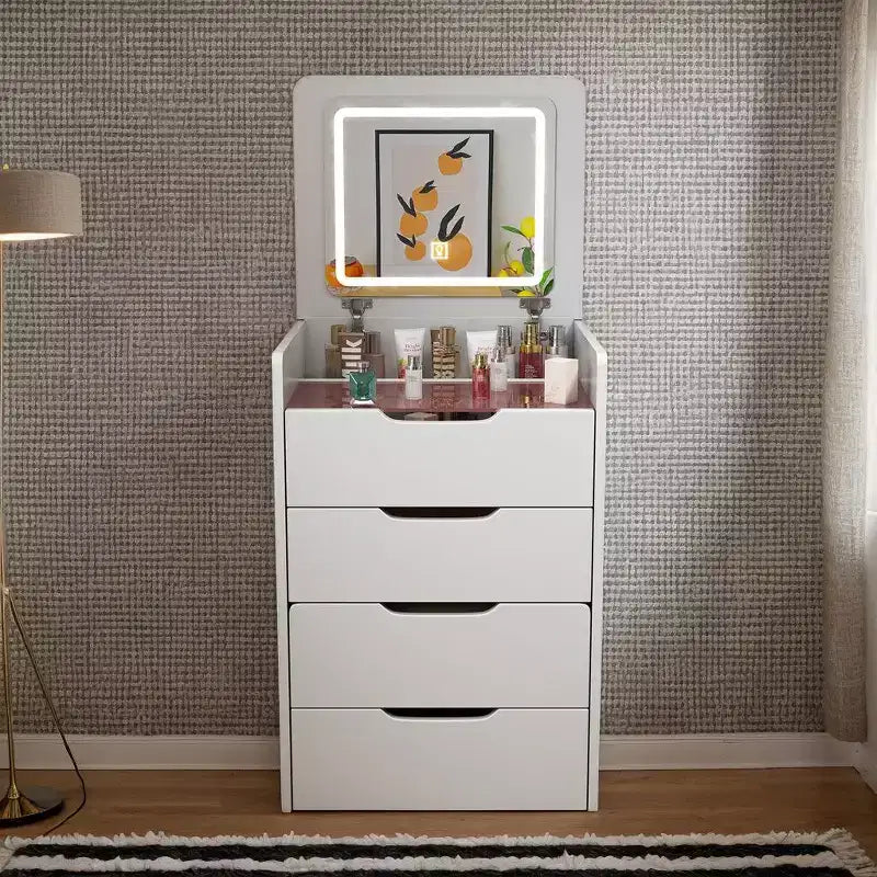 Okak 3-in-1-kaptafel met opklapbare spiegel, compacte kaptafel met zichtbaar glazen blad en gewatteerde kruk, kaptafelbureau voor de slaapkamer
