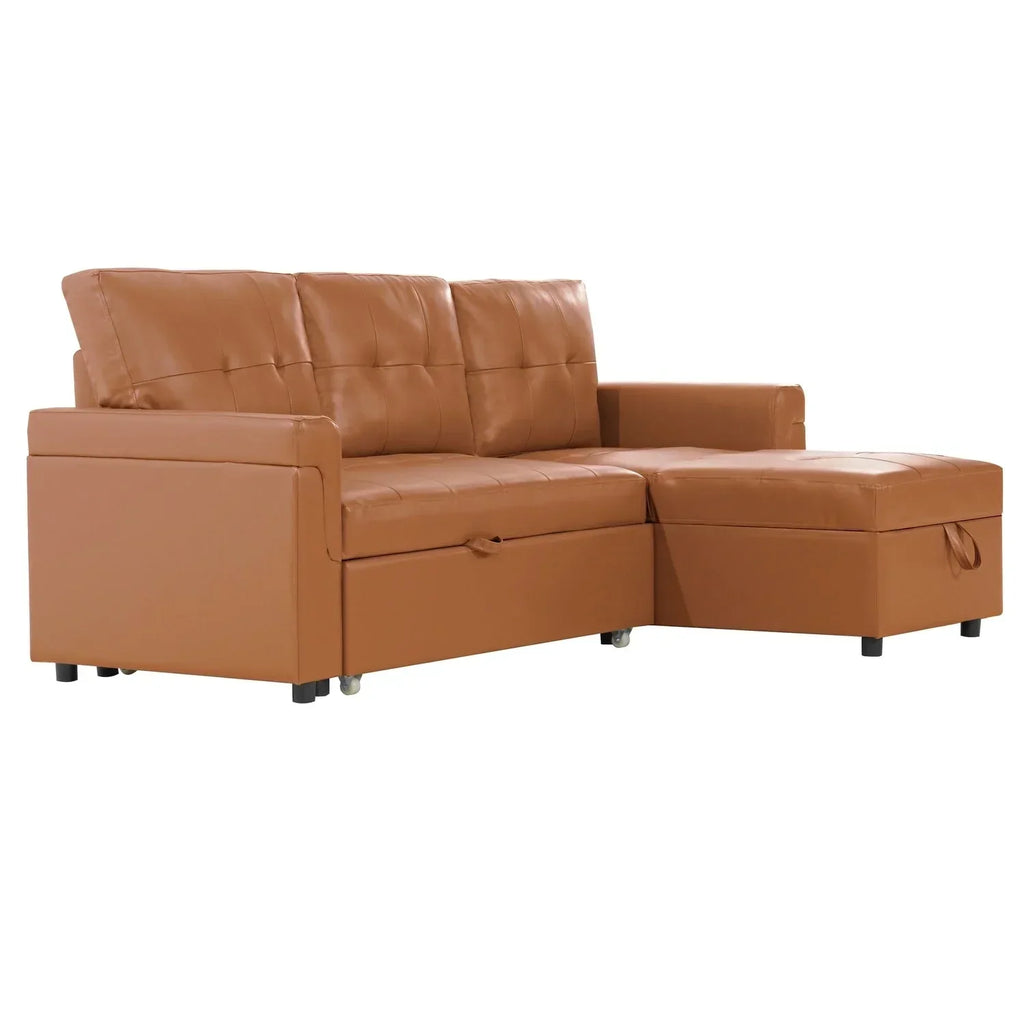 Divano componibile reversibile trasformabile con letto estraibile, chaise longue con contenitore nascosto e gambe resistenti