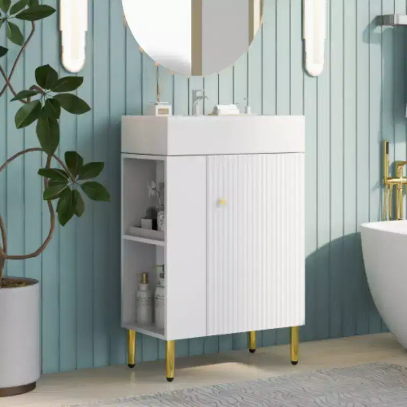 21,6 Beyaz Banyo Lavabosu, Kombine Dolap, Banyo Depolama Dolabı, Tekli Seramik Lavabo, Sol Tarafta Depolama Alanı