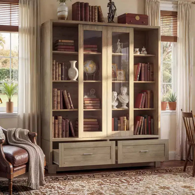 Famapy Vitrine in heller Eichenholzoptik: 160 cm breit, Schiebetüren aus Glas und Schubladenstauraum, geräumiger Organizer für Bibliotheken und Wohnzimmer