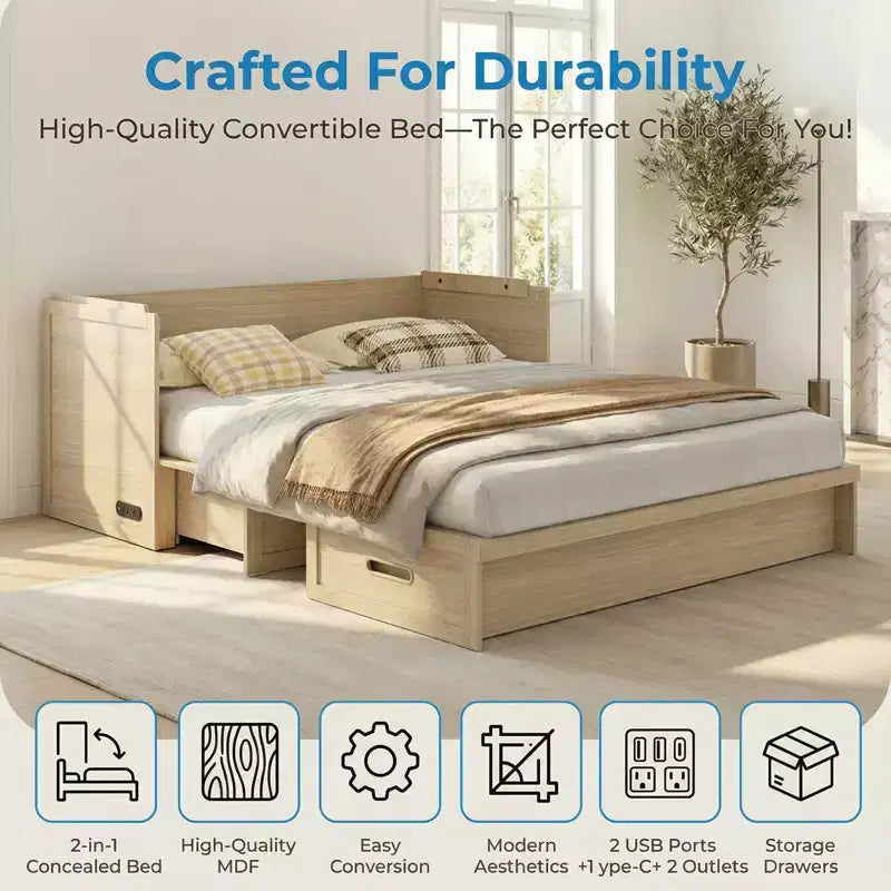 Mjkone Queen Size Convertible Murphy Cabinet Bed with Mattress, USB Charging, Storage Drawers