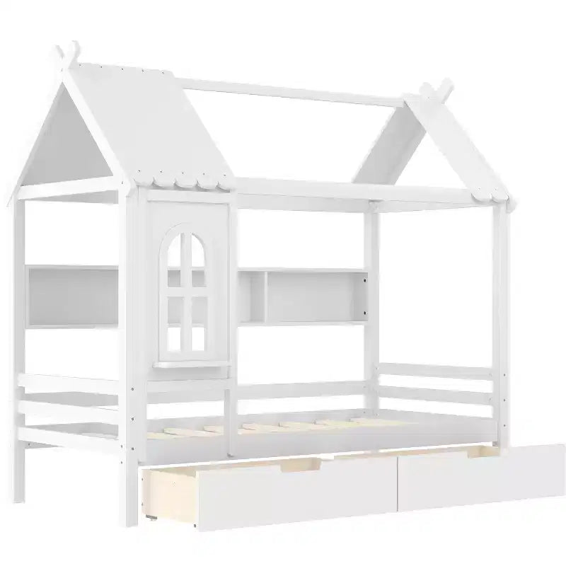 House Platform Bed with Storage Drawers and Window, Solid Wood Frame with Shelves, Childlike Fun Design, Light White