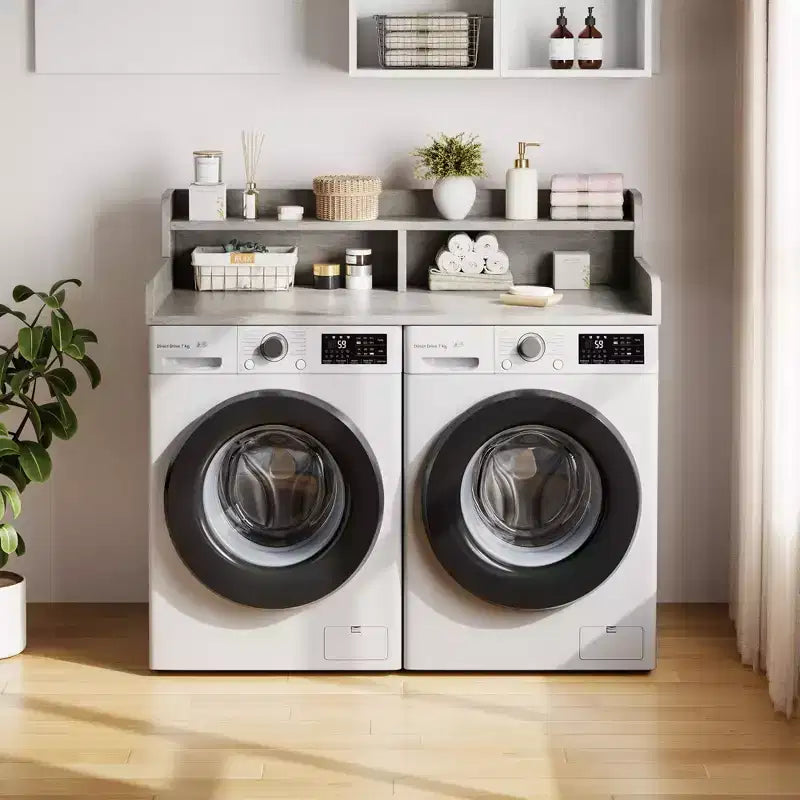 Houten opzetblad voor wasmachine en droger, 54 inch aanrechtblad voor de wasruimte met opbergplank met 2 niveaus, antislip werkoppervlak met opstaande randen voor een georganiseerde wasruimte